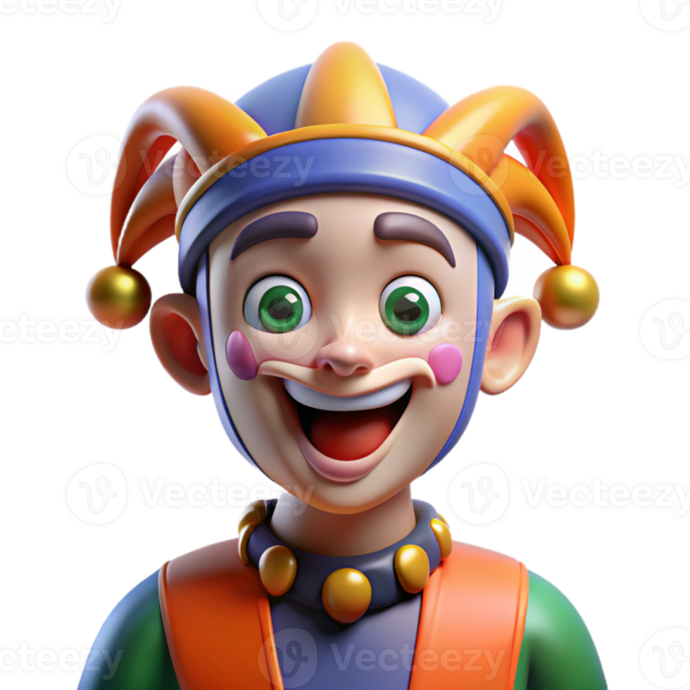 serene modern Portrait of a grinning jester with mismatched eyes, vibrant face paint, brightly lit stage lighting, theatrical style high resolution png