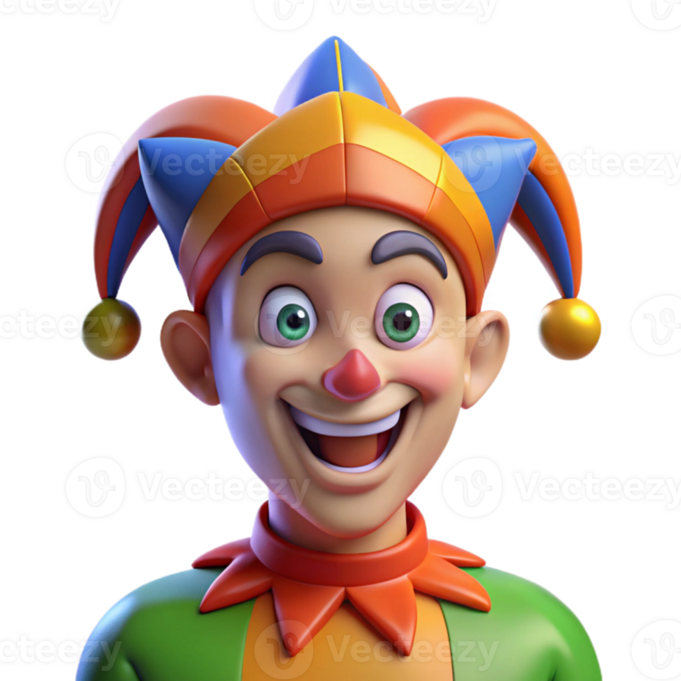 vibrant creative Portrait of a grinning jester with mismatched eyes, vibrant face paint, brightly lit stage lighting, theatrical style high resolution png