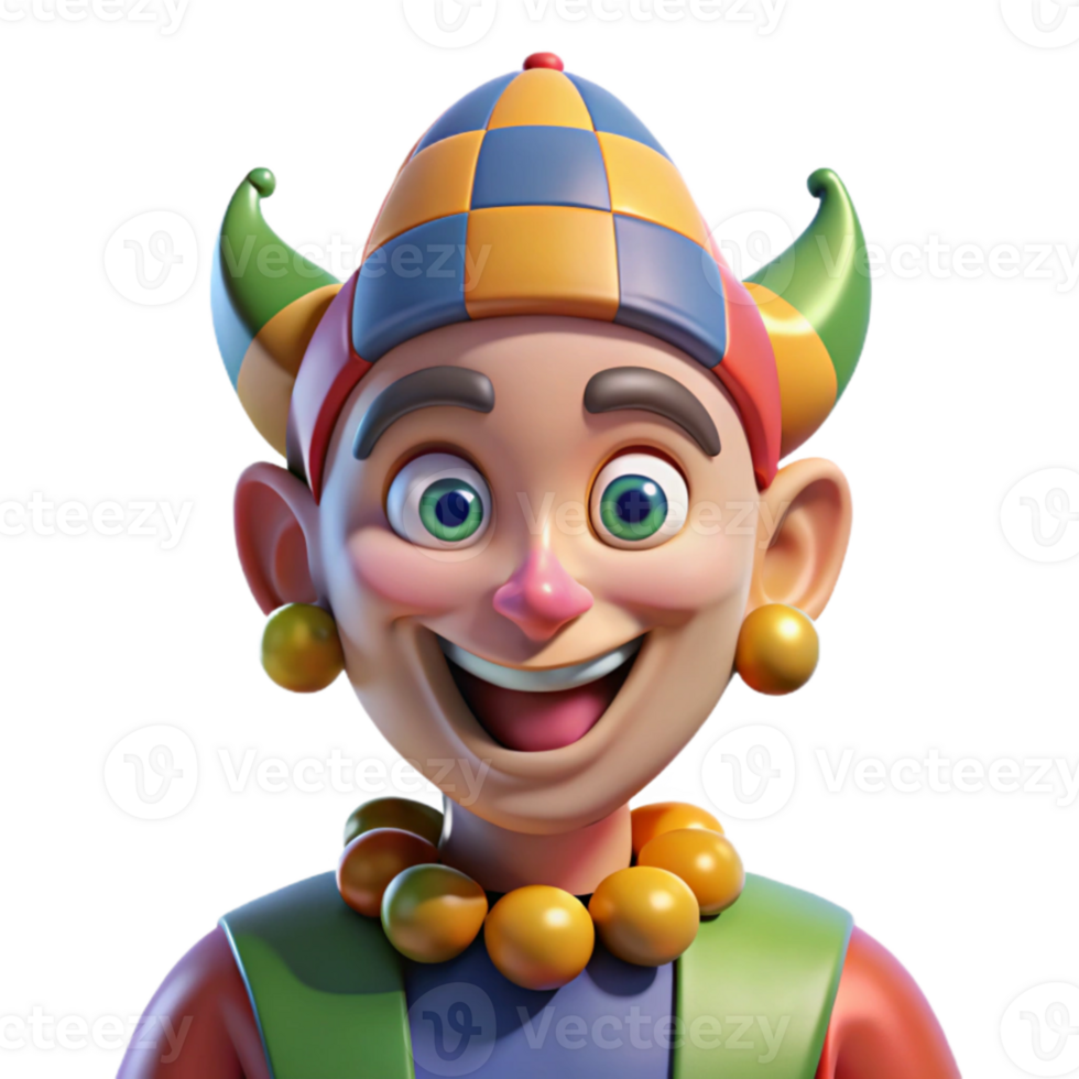 magnificent artistic Portrait of a grinning jester with mismatched eyes, vibrant face paint, brightly lit stage lighting, theatrical style genuine png