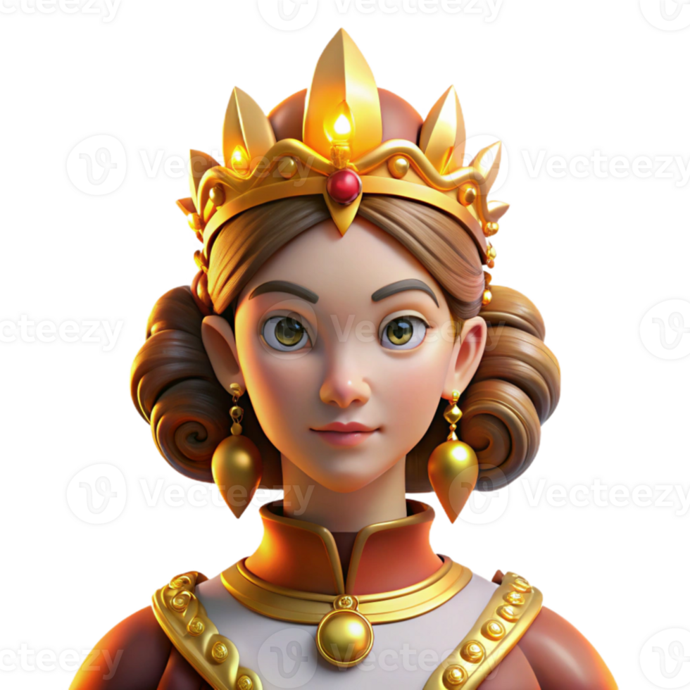 beautiful modern Portrait of a regal queen with elaborate golden headdress, piercing gaze, illuminated by candlelight, Renaissance style high quality png