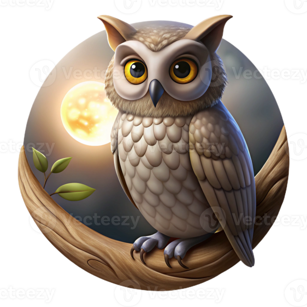 vibrant minimalist Portrait of a wise owl, large eyes, perched on a weathered tree branch, moonlight filtering through leaves, mystical style detailed png