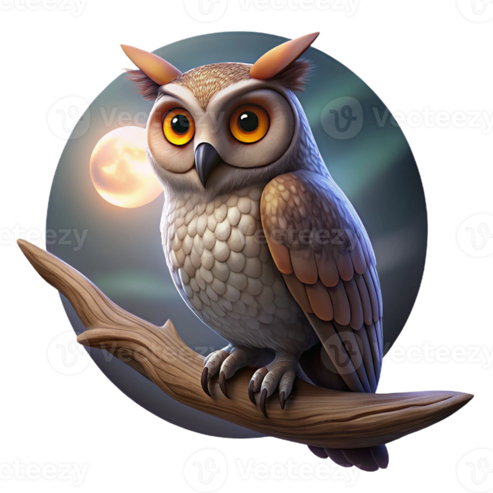 elegant contemporary Portrait of a wise owl, large eyes, perched on a weathered tree branch, moonlight filtering through leaves, mystical style authentic png