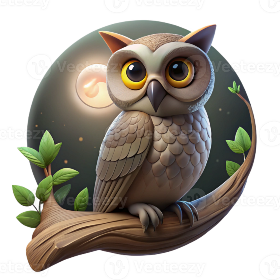 vibrant contemporary Portrait of a wise owl, large eyes, perched on a weathered tree branch, moonlight filtering through leaves, mystical style original png