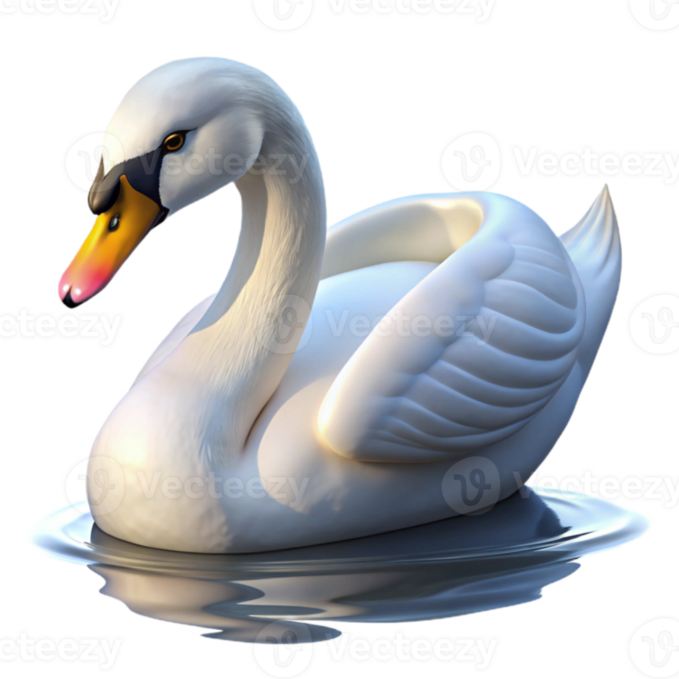 vibrant modern Portrait of a graceful swan, white feathers pristine, gliding on calm water, soft morning light, serene style detailed png