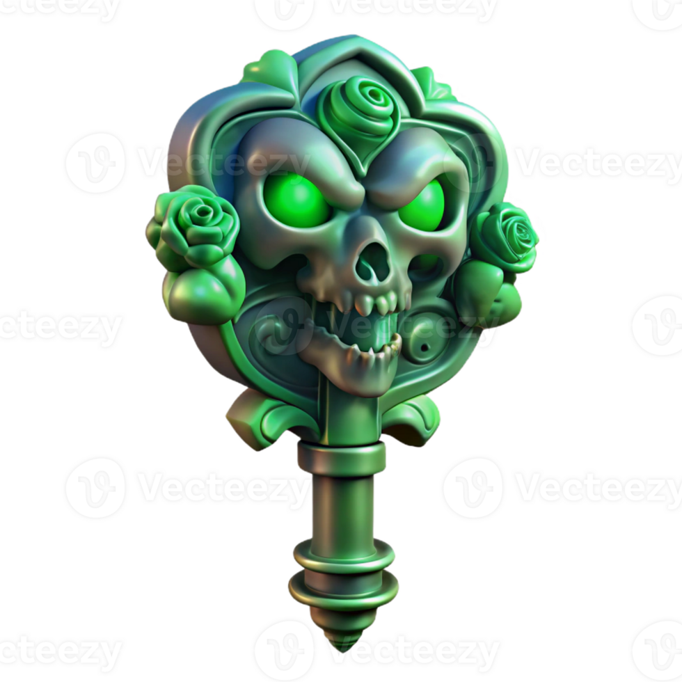 wonderful artistic An ornate gothic key with intricate carvings of skulls and roses, bathed in an eerie green glow, digital painting style 4K png