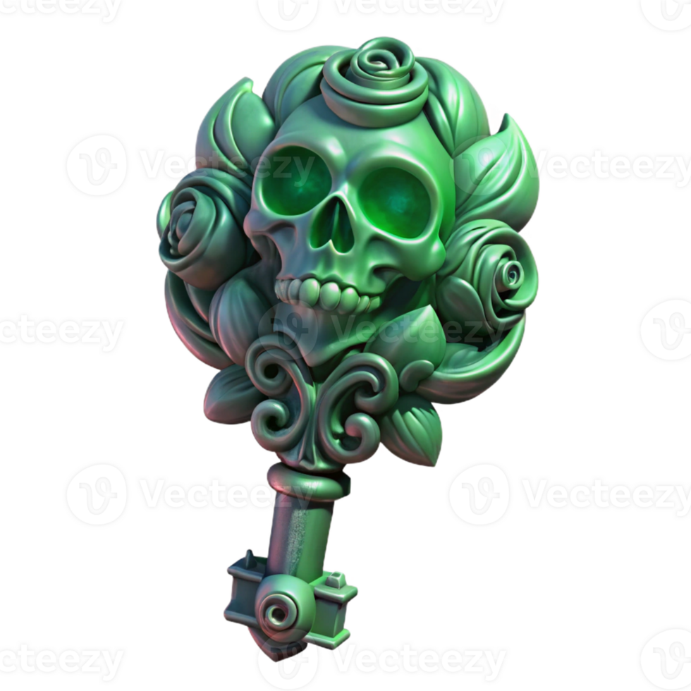 magnificent traditional An ornate gothic key with intricate carvings of skulls and roses, bathed in an eerie green glow, digital painting style genuine png