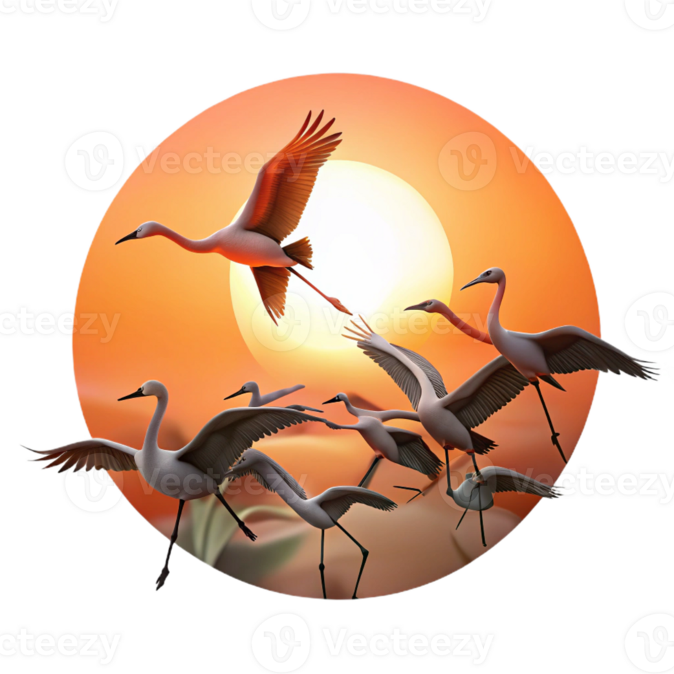 extraordinary rustic A flock of flamingos taking flight, silhouetted against a fiery sunset, minimalist art style exclusive png