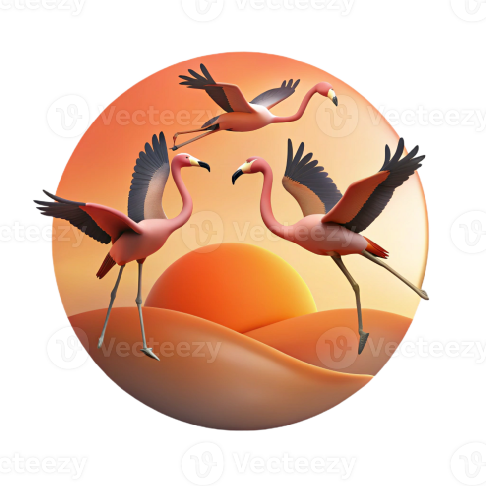 impressive minimalist A flock of flamingos taking flight, silhouetted against a fiery sunset, minimalist art style high quality png