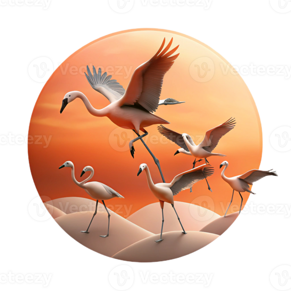 beautiful classic A flock of flamingos taking flight, silhouetted against a fiery sunset, minimalist art style original png