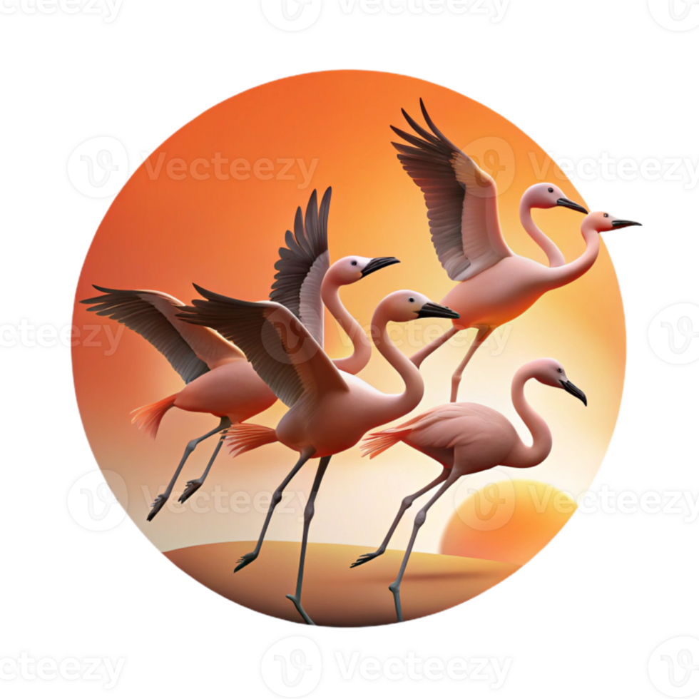 extraordinary artistic A flock of flamingos taking flight, silhouetted against a fiery sunset, minimalist art style high quality png