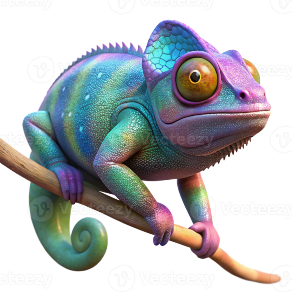 elegant classic A chameleon perched on a branch, vibrant, iridescent skin, bokeh background effect but without any actual background elements, macro photography style 4K png
