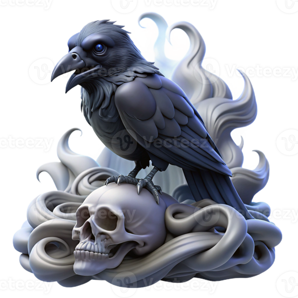 dramatic artistic A gothic raven perched on a skull, surrounded by swirling mist, dark fantasy art style original png