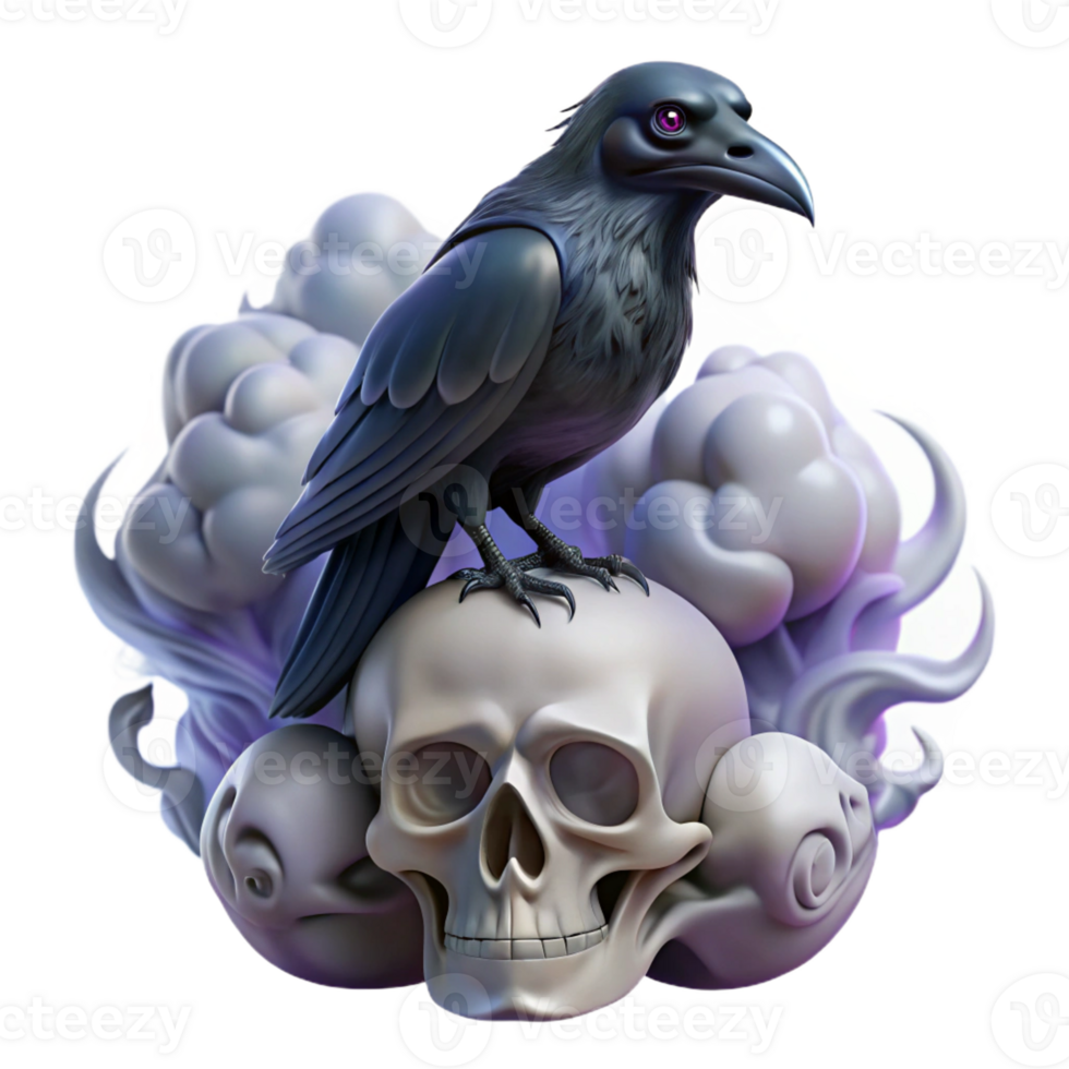 vibrant contemporary A gothic raven perched on a skull, surrounded by swirling mist, dark fantasy art style genuine png