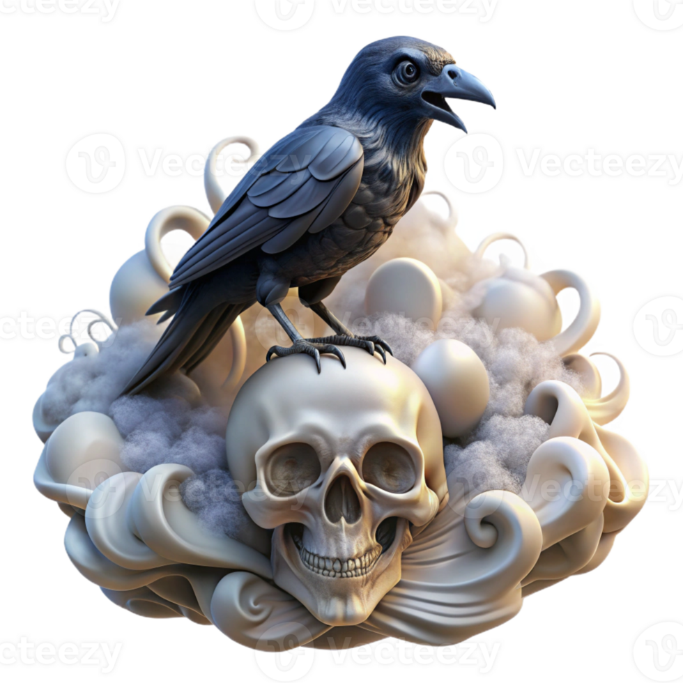 vibrant traditional A gothic raven perched on a skull, surrounded by swirling mist, dark fantasy art style exclusive png