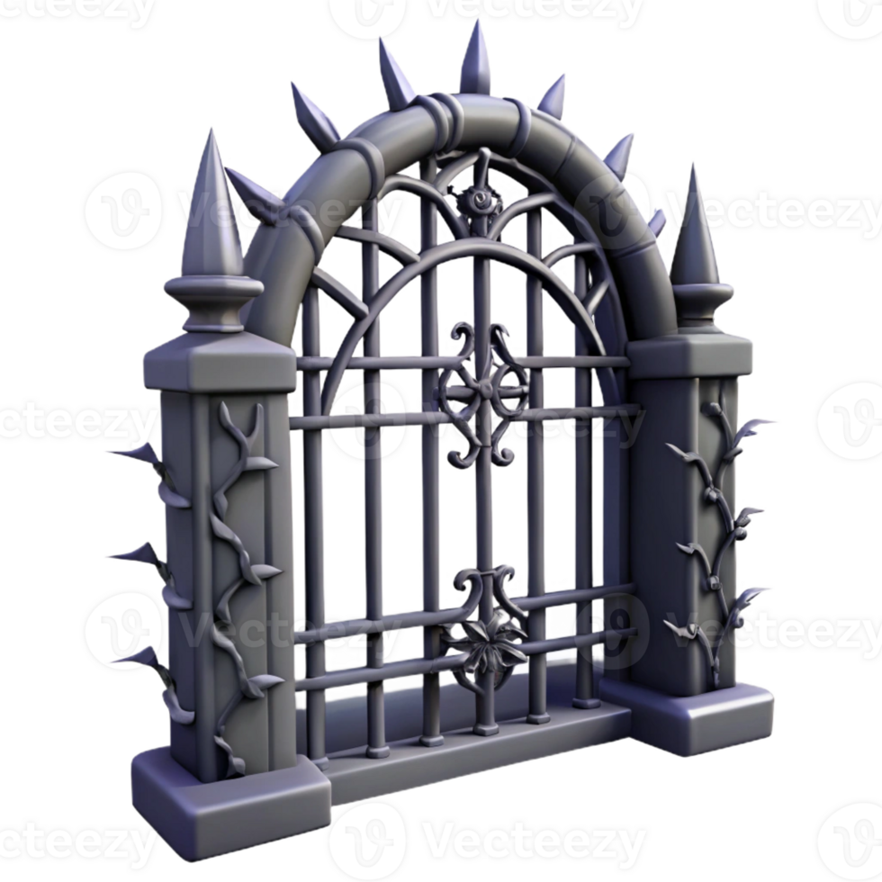 wonderful classic A gothic iron gate adorned with thorny vines, stark silhouette against a pale light, graphic novel style high quality png
