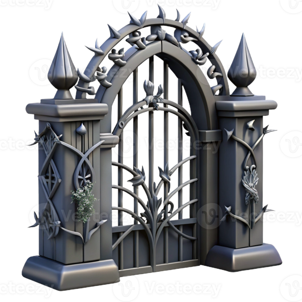 dramatic traditional A gothic iron gate adorned with thorny vines, stark silhouette against a pale light, graphic novel style original png