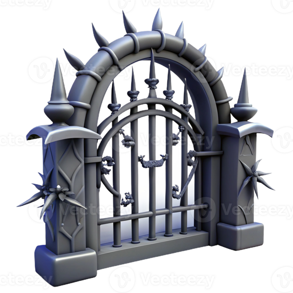 magnificent artistic A gothic iron gate adorned with thorny vines, stark silhouette against a pale light, graphic novel style premium png