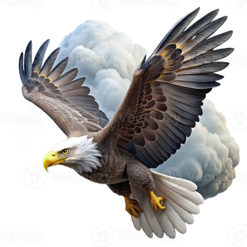 serene abstract A majestic bald eagle soaring through a stormy sky, dramatic lighting, realistic style high resolution png