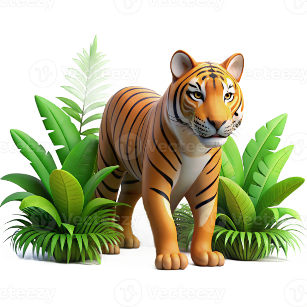 magnificent minimalist A powerful tiger stalking through dense jungle foliage, realistic rendering, dappled sunlight exclusive png