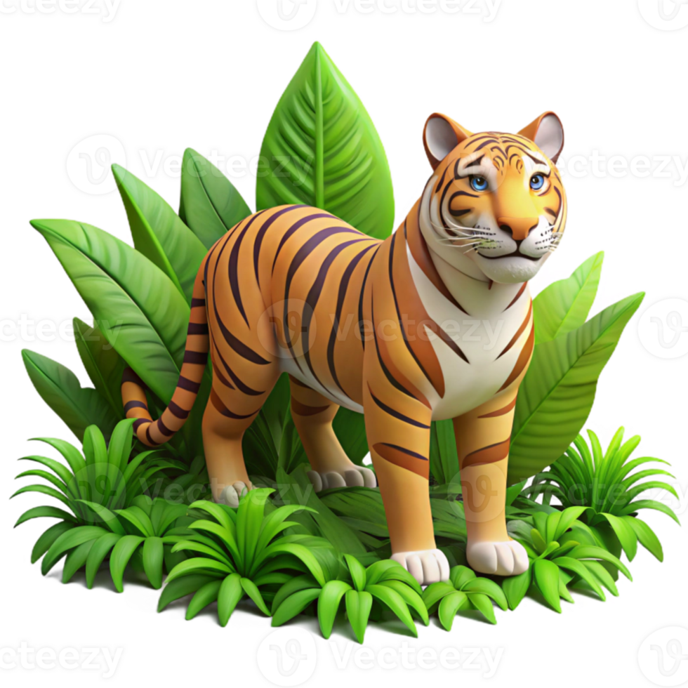 dramatic minimalist A powerful tiger stalking through dense jungle foliage, realistic rendering, dappled sunlight 4K png