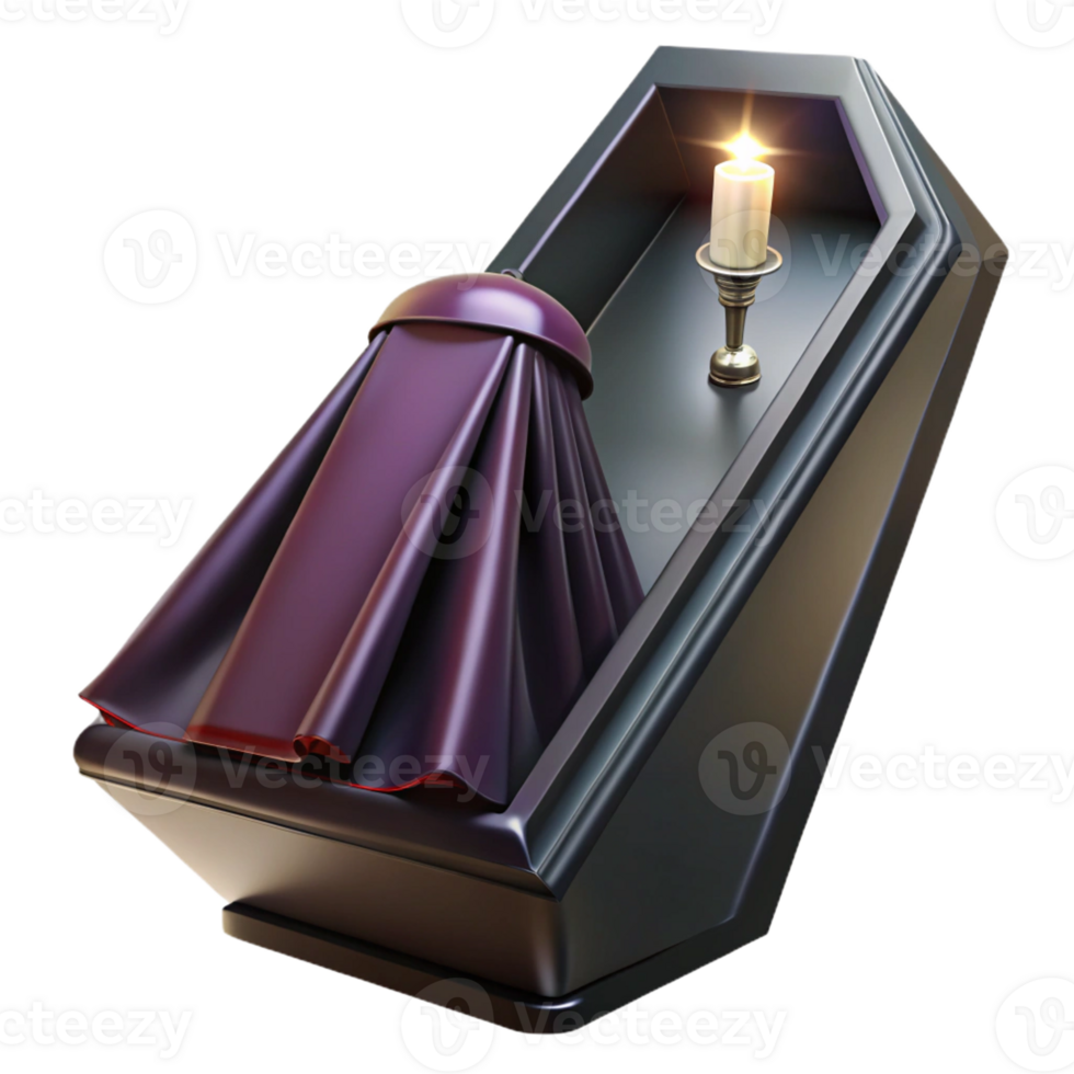 magnificent artistic A gothic coffin draped in black velvet, single spotlight from above, macabre photography style detailed png