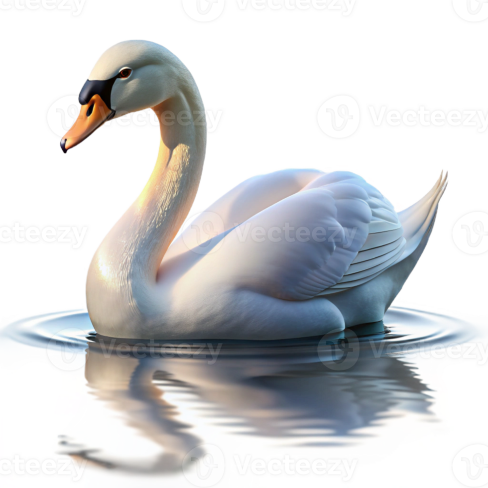 dramatic traditional A graceful swan gliding across a still lake, serene lighting, realistic rendering genuine png