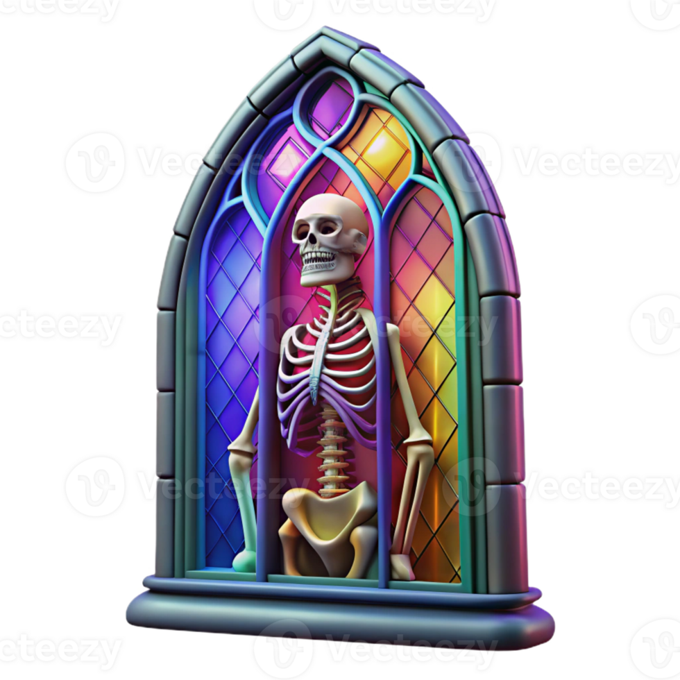 beautiful creative A gothic stained glass window depicting a skeletal figure, vibrant colors, art nouveau style detailed png