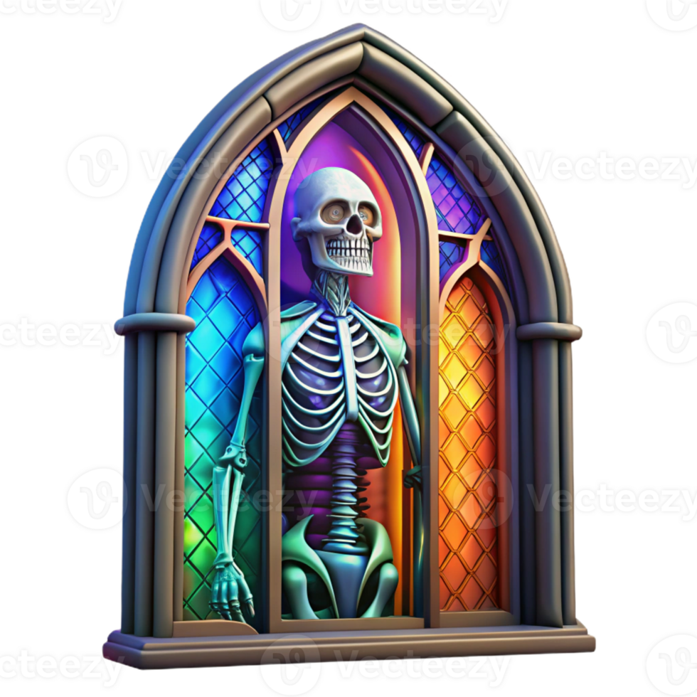 impressive minimalist A gothic stained glass window depicting a skeletal figure, vibrant colors, art nouveau style authentic png