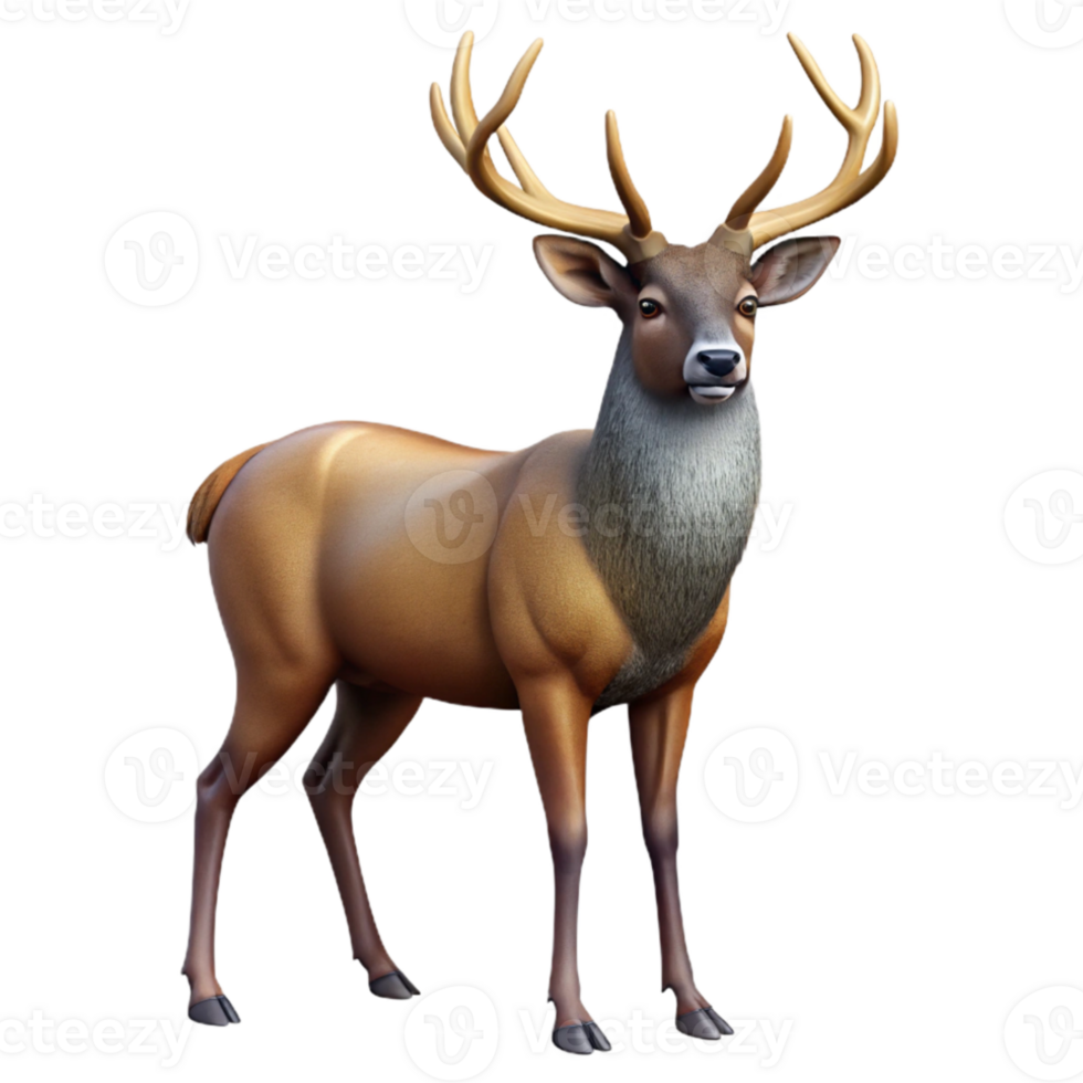 elegant classic A majestic stag with large antlers, autumnal forest setting but no actual background elements, realistic rendering high quality png