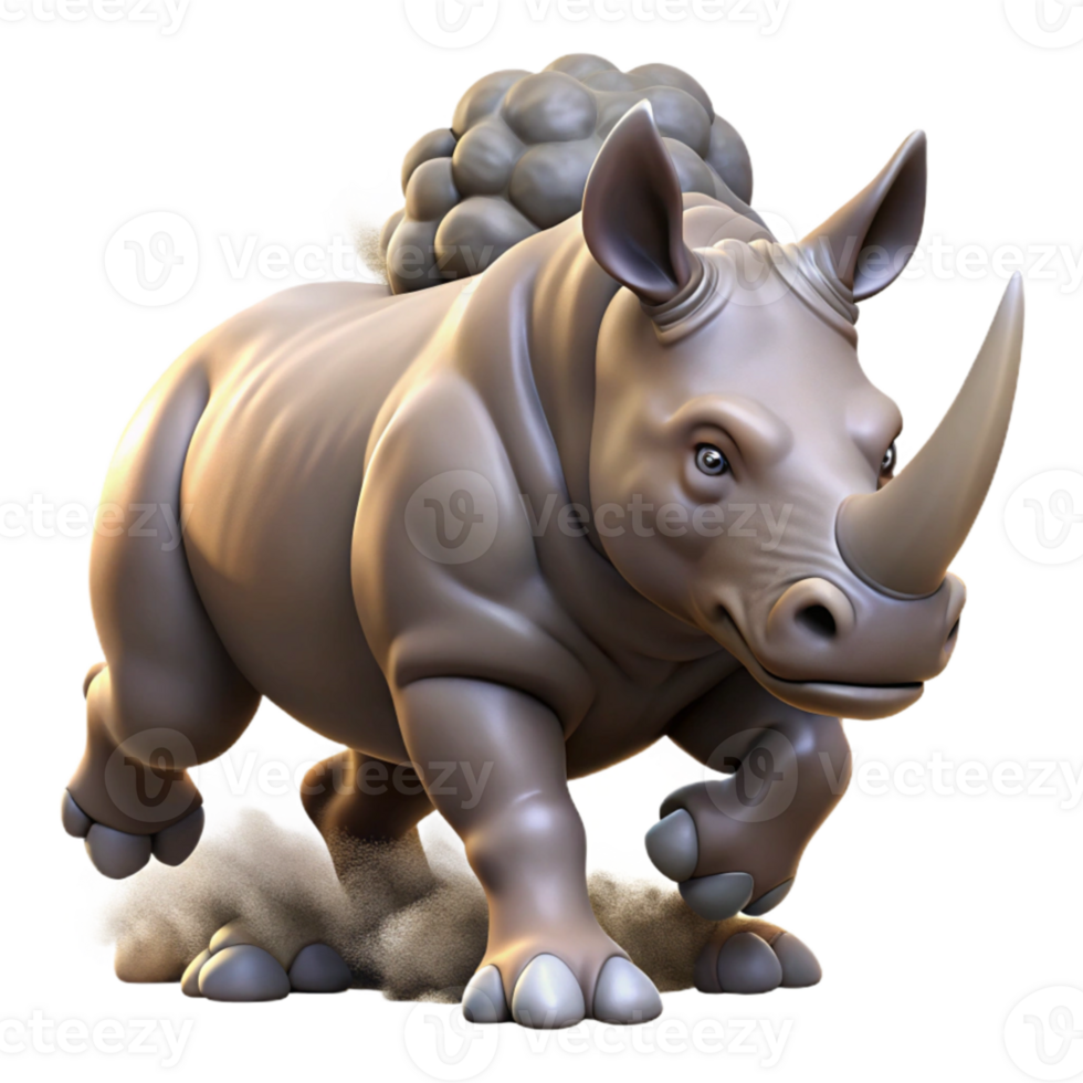 extraordinary contemporary A powerful rhinoceros charging, dust clouds around its feet, dynamic pose, realistic style premium png