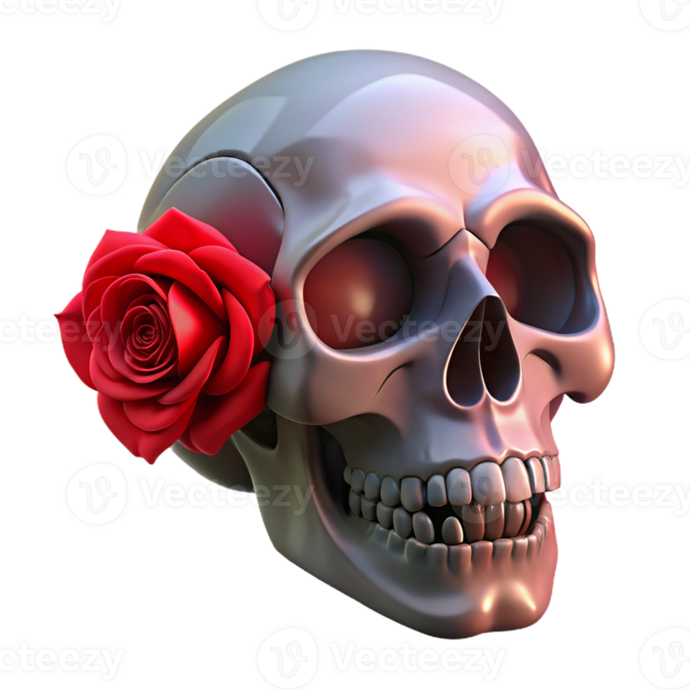 elegant modern A gothic skull with a single red rose in its teeth, dramatic lighting, memento mori style genuine png