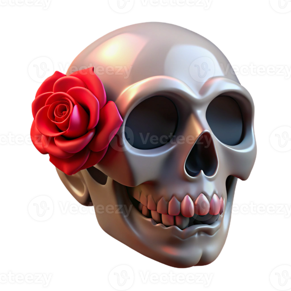 elegant minimalist A gothic skull with a single red rose in its teeth, dramatic lighting, memento mori style authentic png