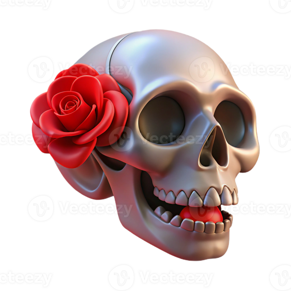 wonderful modern A gothic skull with a single red rose in its teeth, dramatic lighting, memento mori style genuine png