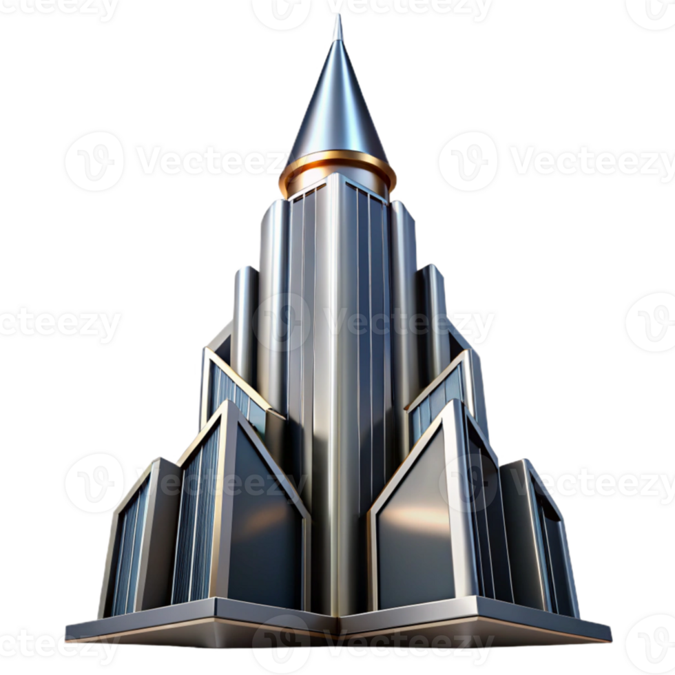 extraordinary modern Art Deco skyscraper, chrome and black glass, sharp angles, volumetric lighting, cinematic, premium png