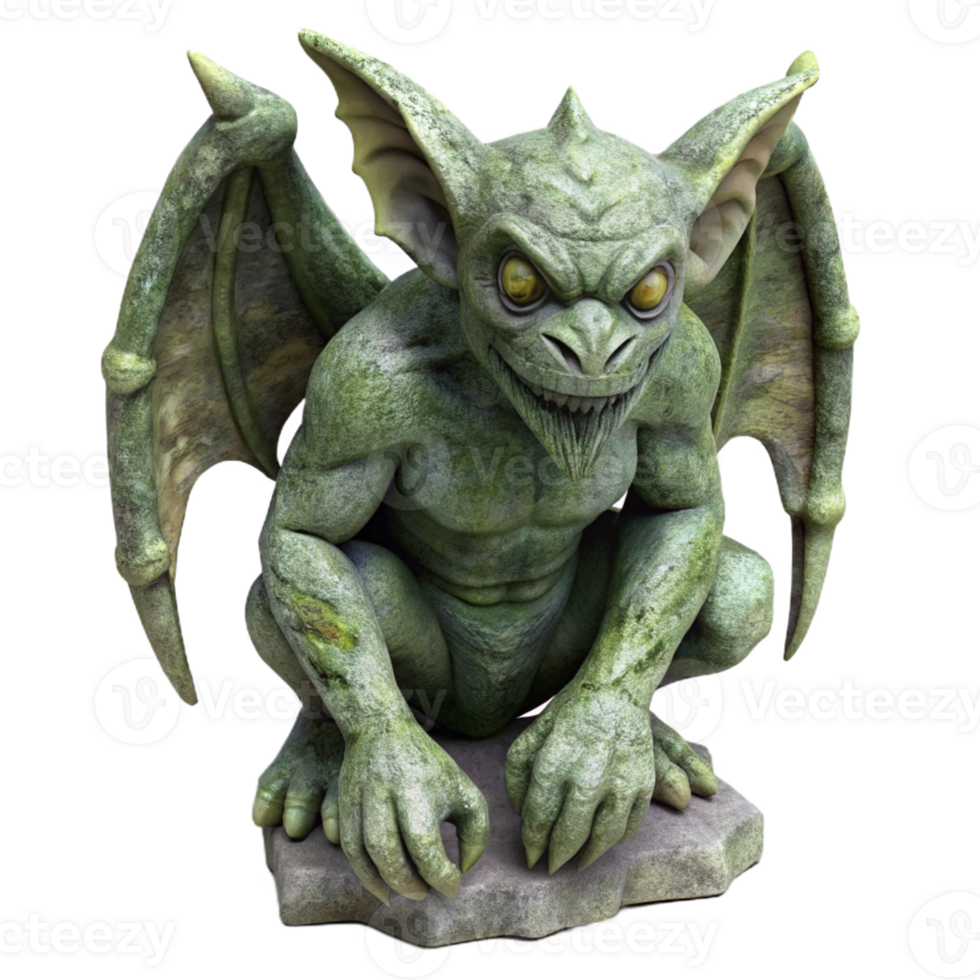 stunning classic A gothic gargoyle statue, weathered and moss-covered, realistic 3D render style 4K png