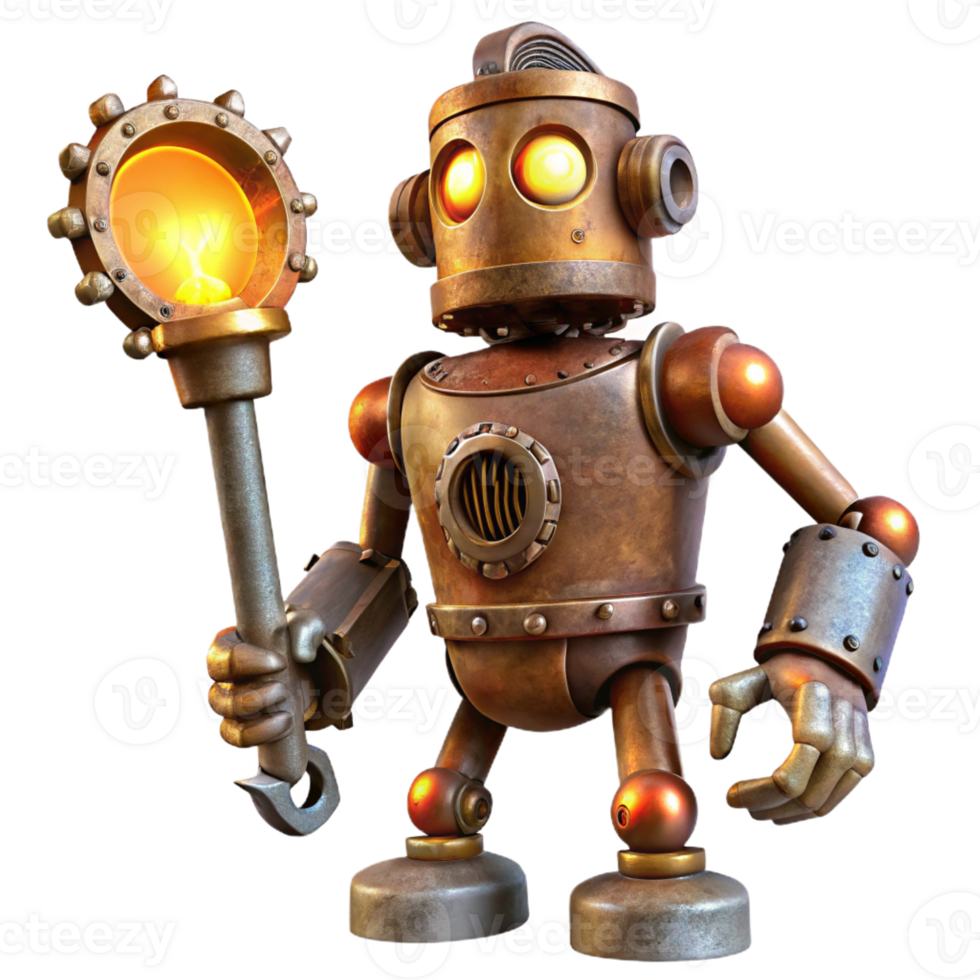 vibrant modern A rusty, steampunk robot with exposed gears and brass pipes, wielding a giant wrench, illuminated by flickering gaslight in a dark alley. Illustration style premium png