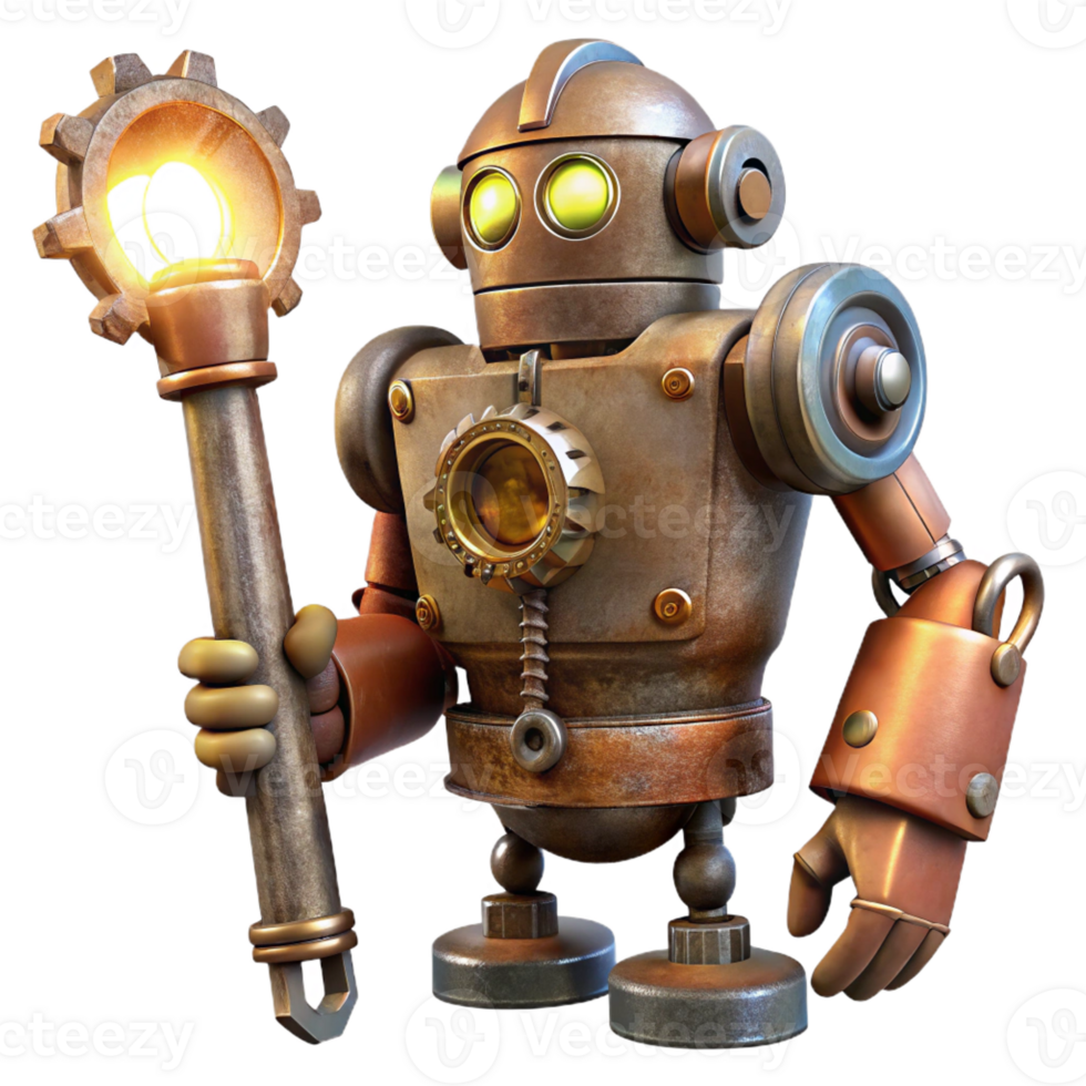dramatic traditional A rusty, steampunk robot with exposed gears and brass pipes, wielding a giant wrench, illuminated by flickering gaslight in a dark alley. Illustration style high quality png