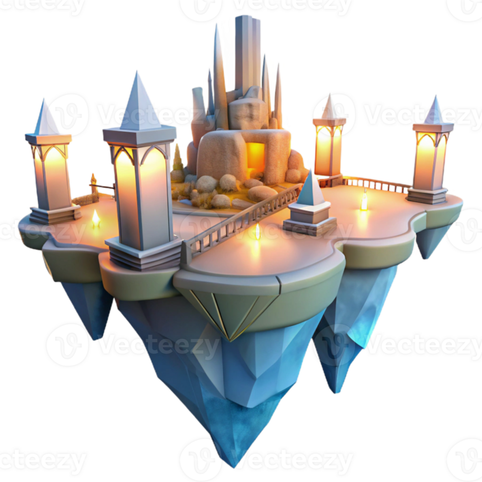 magnificent vintage A floating island city, interconnected by glowing bridges, sunset lighting, fantasy art style, high quality png
