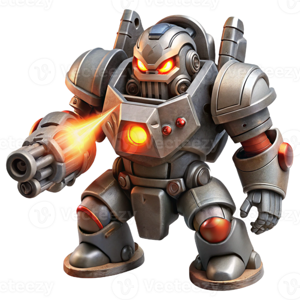 magnificent abstract A colossal, war-torn battle robot with heavy armor and glowing red eyes, firing a plasma cannon, lit by explosions and muzzle flash. Dark fantasy style high resolution png
