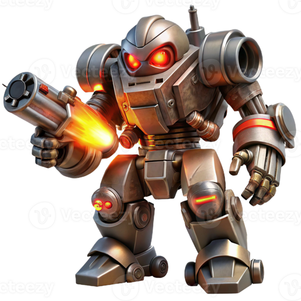 stunning vintage A colossal, war-torn battle robot with heavy armor and glowing red eyes, firing a plasma cannon, lit by explosions and muzzle flash. Dark fantasy style high quality png