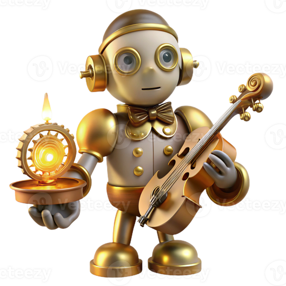 serene vintage A whimsical, clockwork robot with ornate golden gears and a porcelain face, playing a miniature violin, lit by warm candlelight. Storybook illustration style genuine png