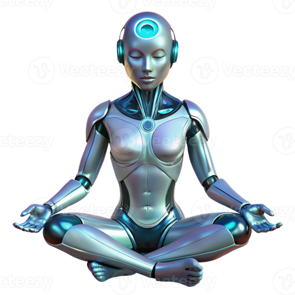 serene creative A futuristic, humanoid robot with translucent skin revealing complex circuitry, meditating in a lotus position, lit by soft ethereal light. Sci-fi realism style 4K png