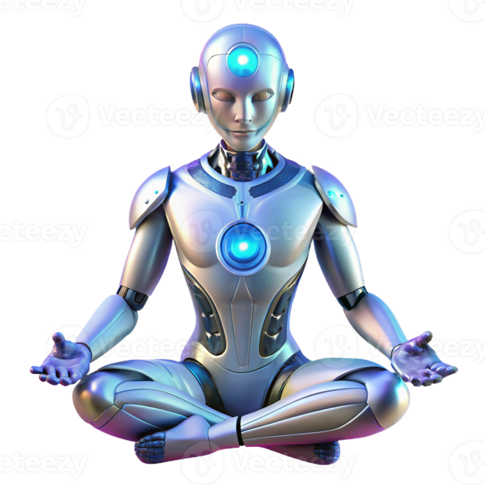 impressive vintage A futuristic, humanoid robot with translucent skin revealing complex circuitry, meditating in a lotus position, lit by soft ethereal light. Sci-fi realism style exclusive png