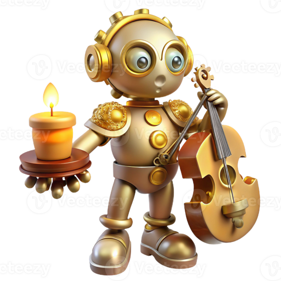 vibrant minimalist A whimsical, clockwork robot with ornate golden gears and a porcelain face, playing a miniature violin, lit by warm candlelight. Storybook illustration style professional png