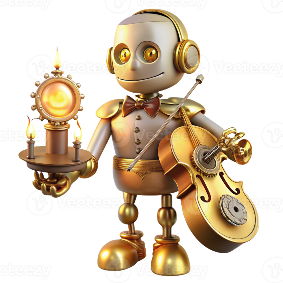 vibrant traditional A whimsical, clockwork robot with ornate golden gears and a porcelain face, playing a miniature violin, lit by warm candlelight. Storybook illustration style high quality png