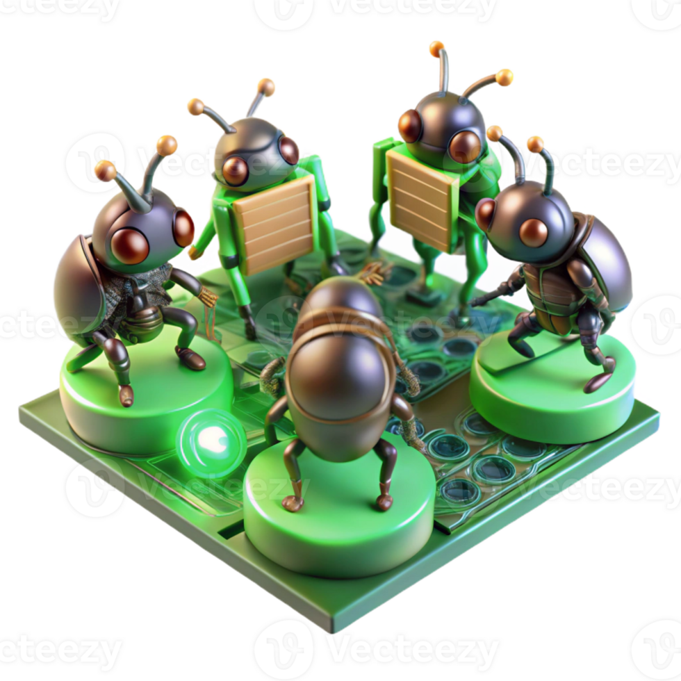 beautiful abstract A group of miniature, insect-like robots swarming over a circuit board, repairing damaged components, lit by the green glow of LEDs. Macro photography style 4K png