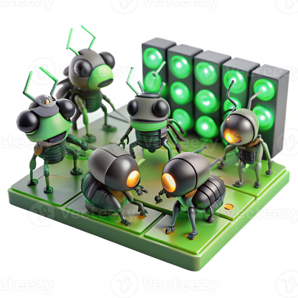serene vintage A group of miniature, insect-like robots swarming over a circuit board, repairing damaged components, lit by the green glow of LEDs. Macro photography style premium png