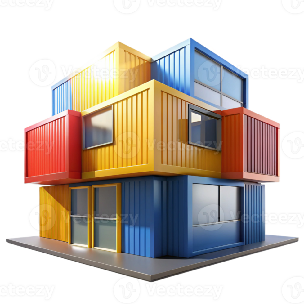 elegant creative A modernist house made of stacked shipping containers, bold primary colors, bright sunlight, pop art style, high resolution png