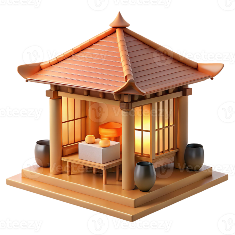 beautiful creative A Japanese tea house made of bamboo and paper, soft interior lighting, serene, premium png