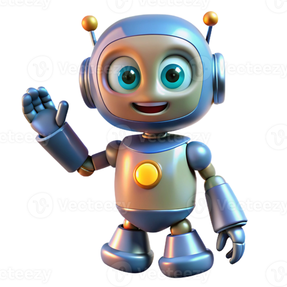 stunning minimalist A cute, cartoonish robot with oversized eyes and a cheerful expression, waving hello, lit by bright, cheerful lighting. Cartoon style detailed png
